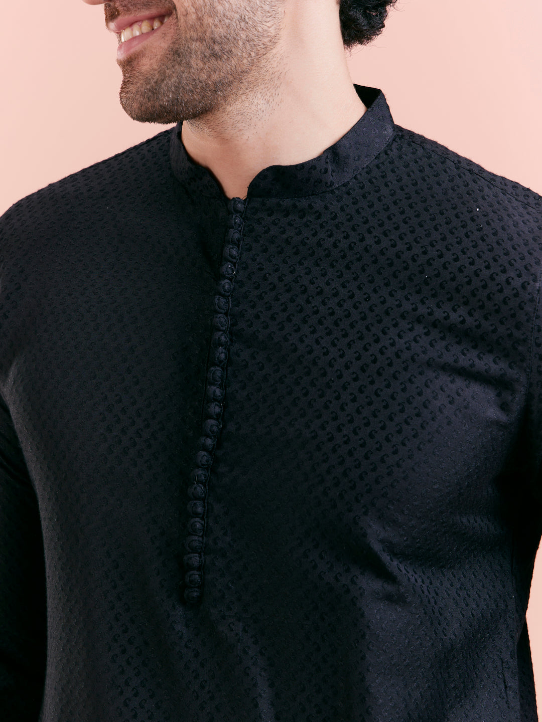 Black Cotton Self Textured Long Kurta