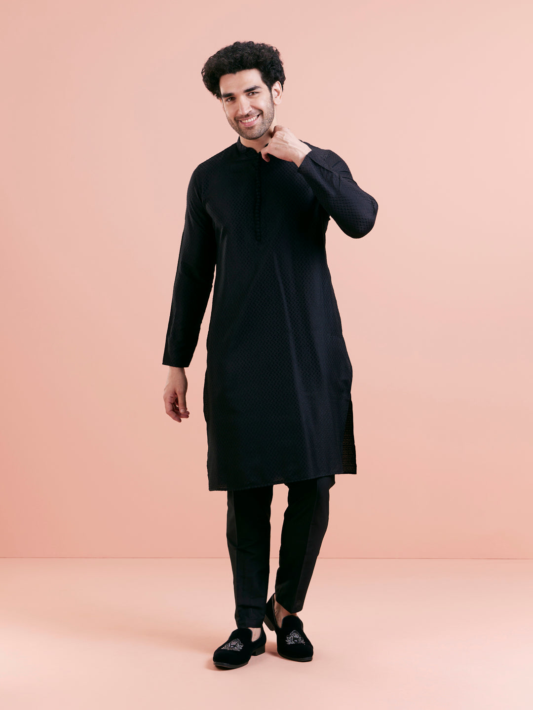 Black Cotton Self Textured Long Kurta