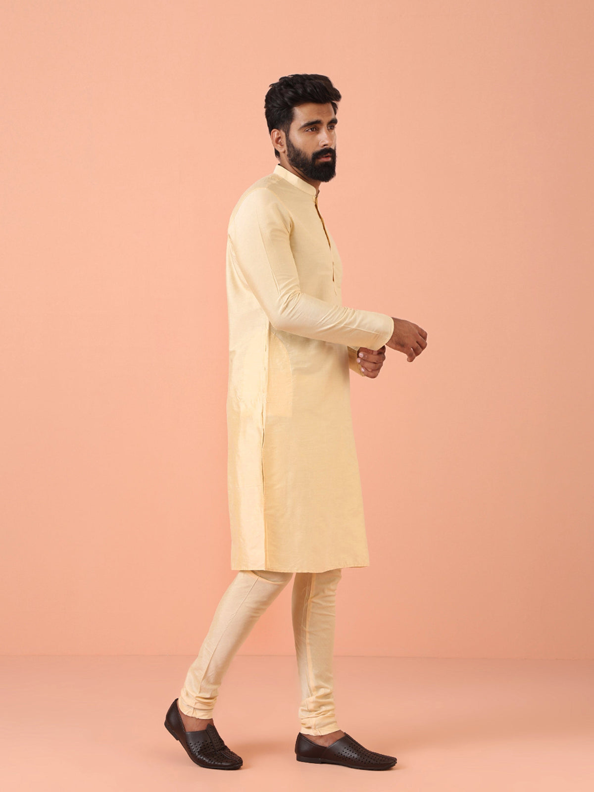 Beige Silk Blend Solid Long Kurta