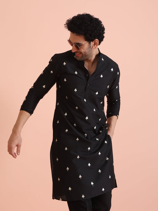 Black Cotton Embroidered Long Kurta