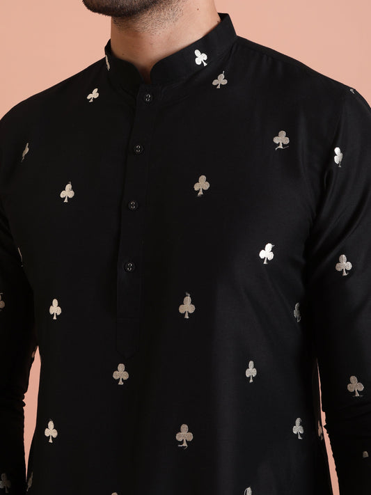 Black Cotton Embroidered Long Kurta