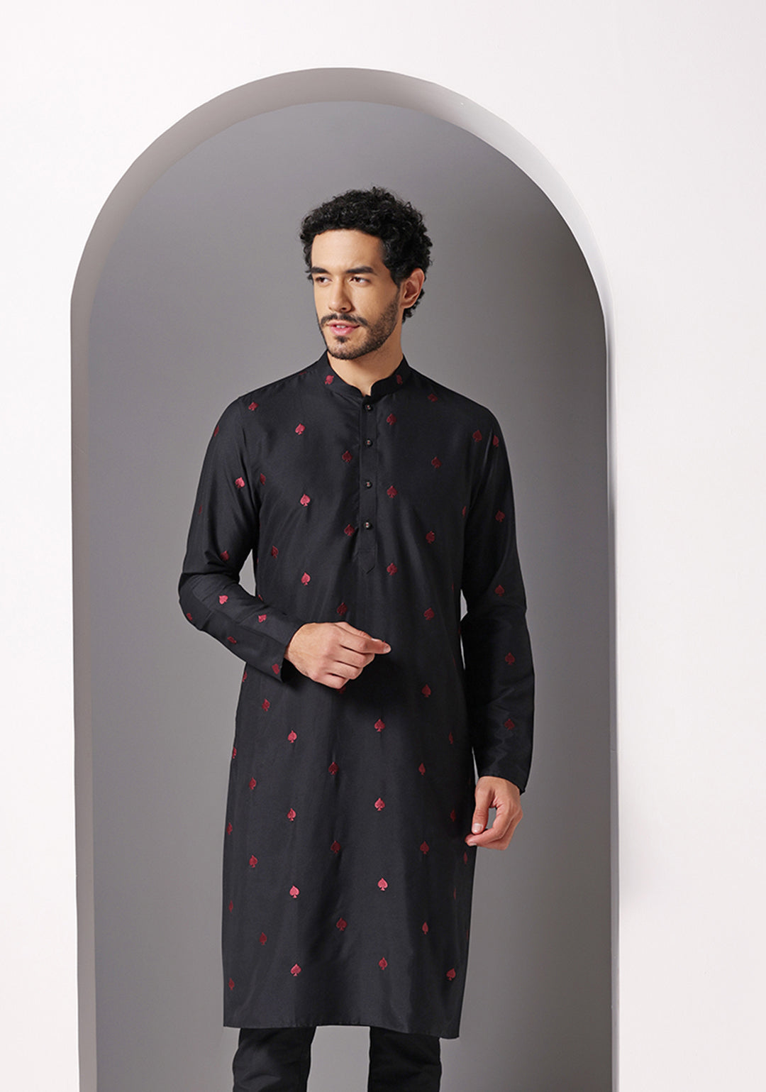 Black Cotton Embroidered Long Kurta