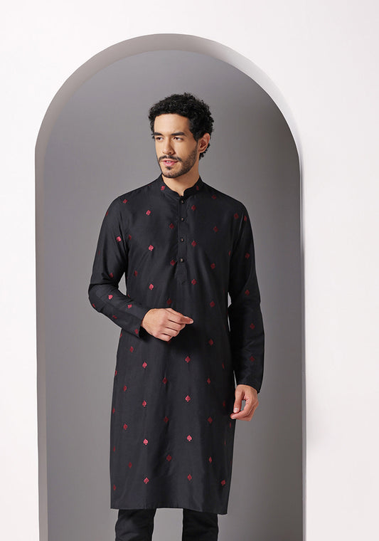 Black Cotton Embroidered Long Kurta