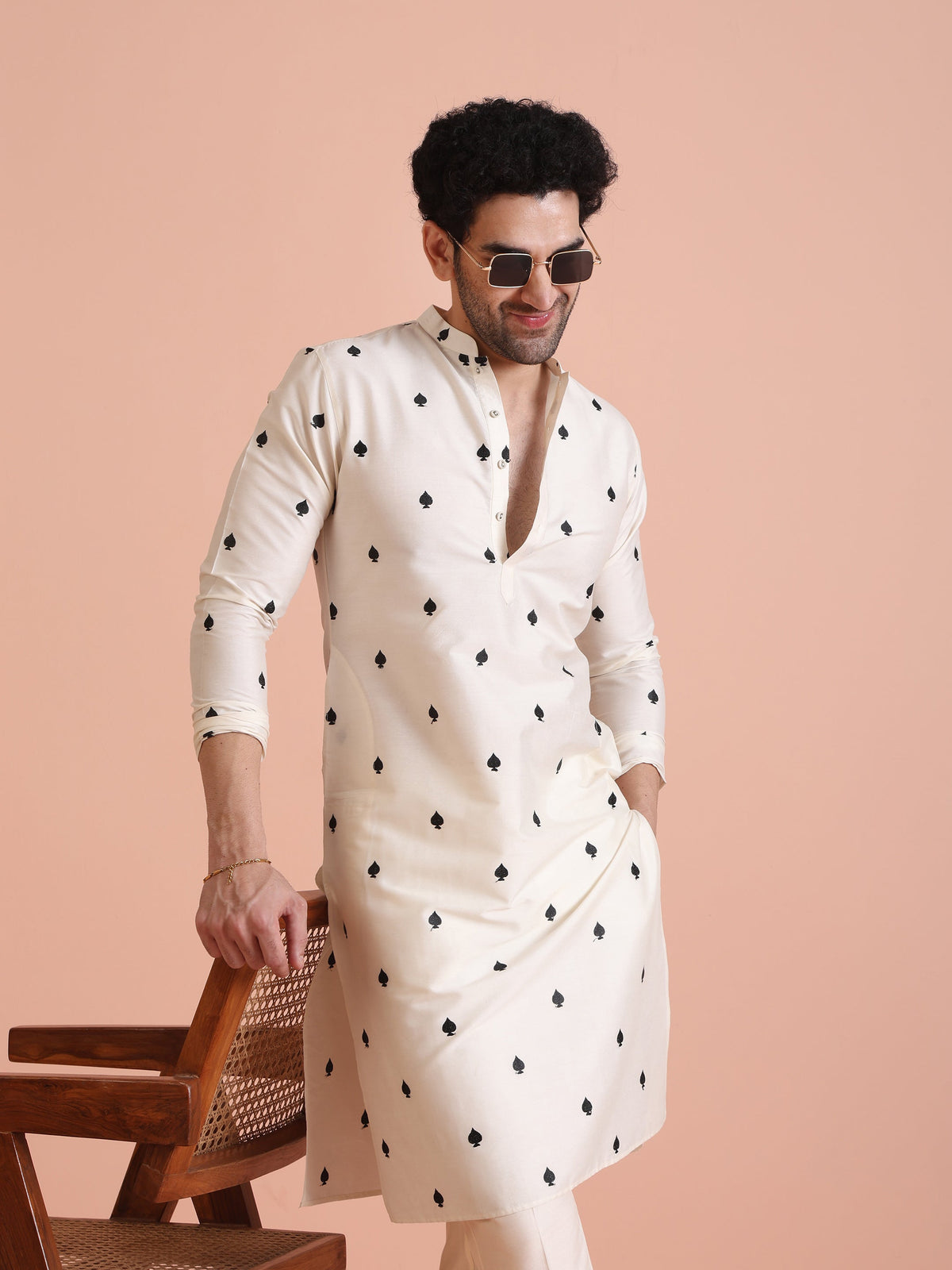 White Silk Blend Black Embroidered Kurta