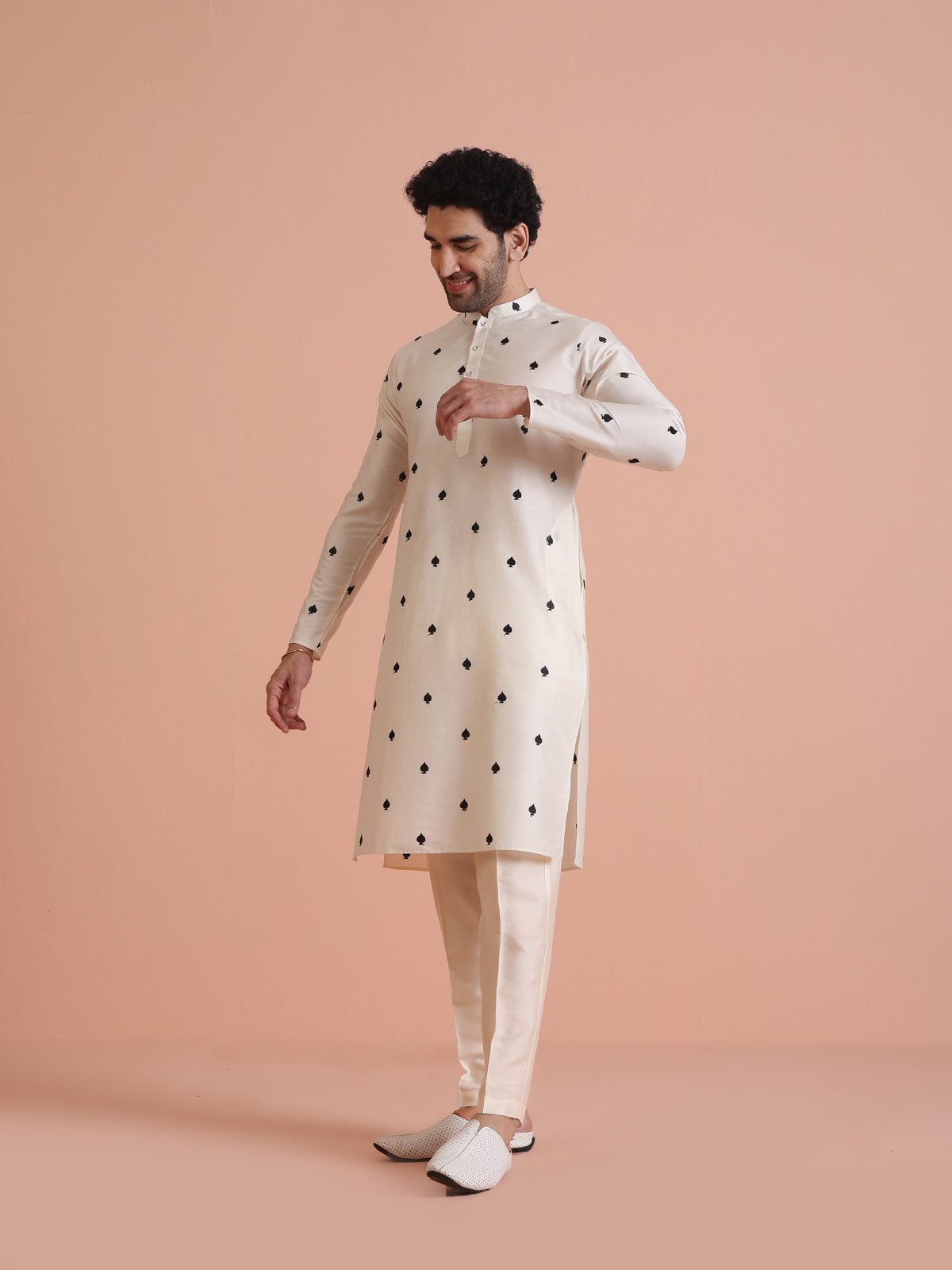 White Silk Blend Black Embroidered Kurta