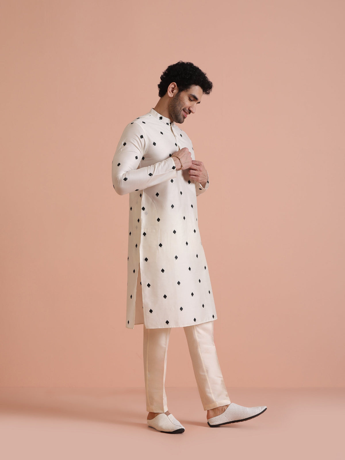 White Silk Blend Black Embroidered Kurta