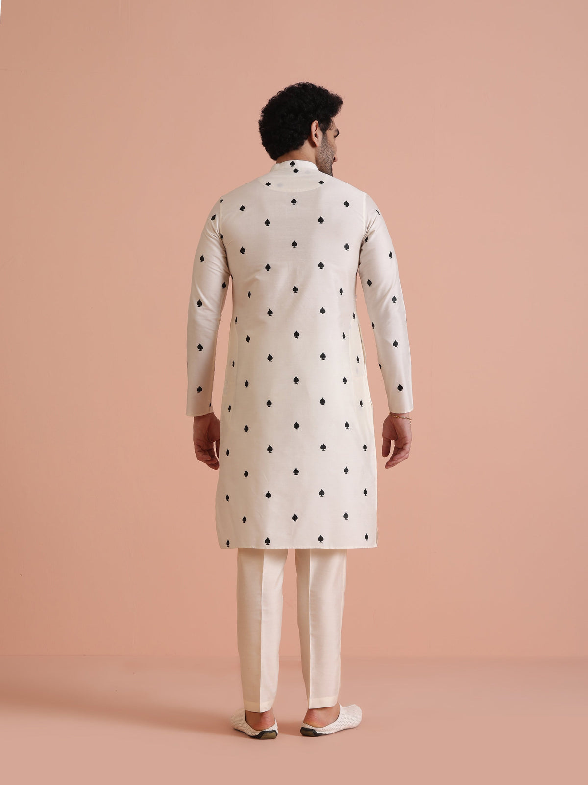 White Silk Blend Black Embroidered Kurta
