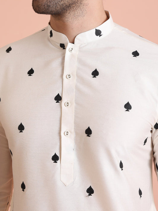 White Silk Blend Black Embroidered Kurta