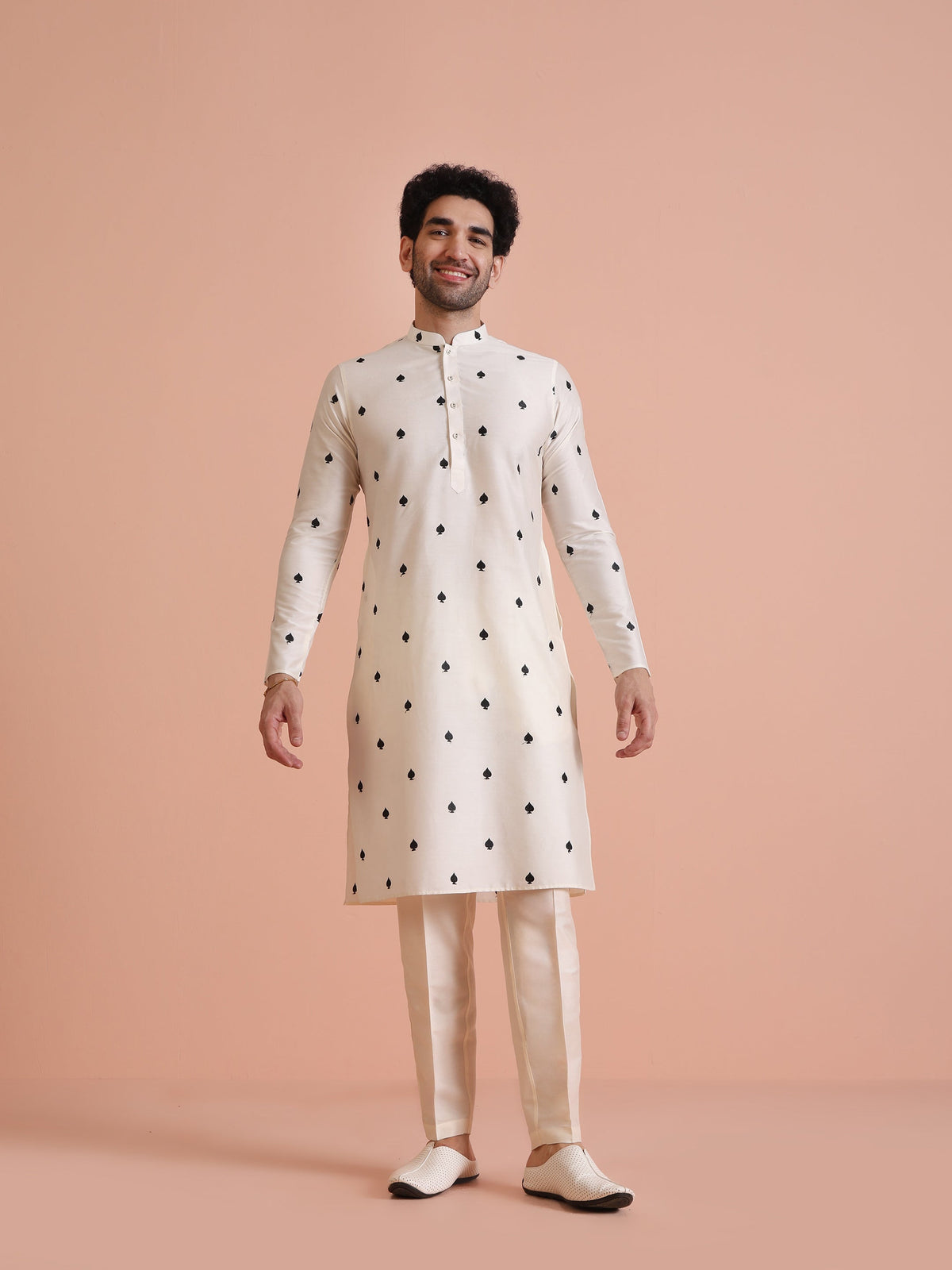 White Silk Blend Black Embroidered Kurta