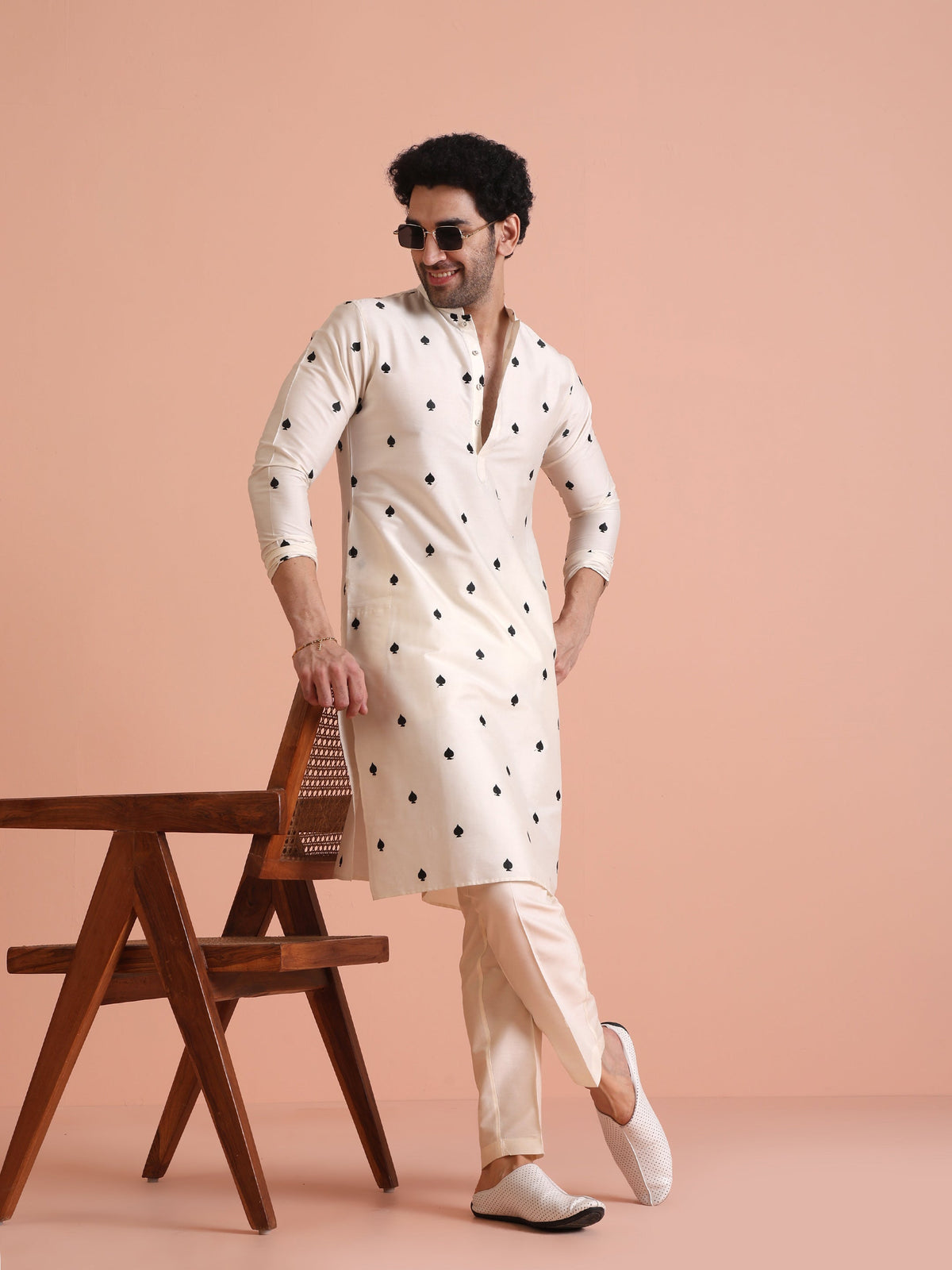 White Silk Blend Black Embroidered Kurta