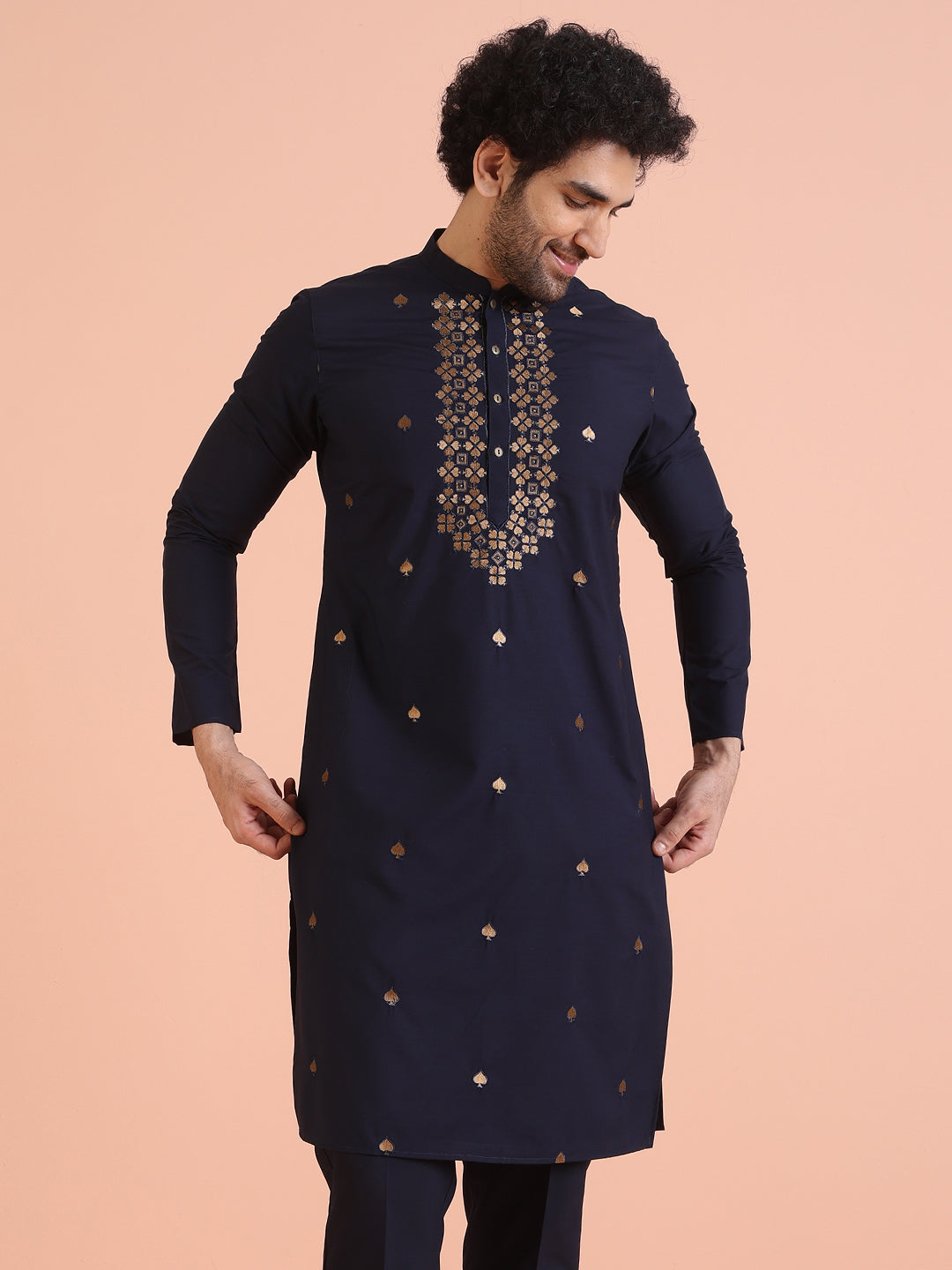 Navy Blue Cotton Silk Embroidered Long Kurta