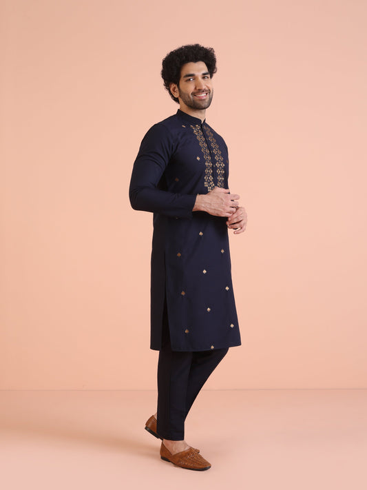 Navy Blue Cotton Silk Embroidered Long Kurta