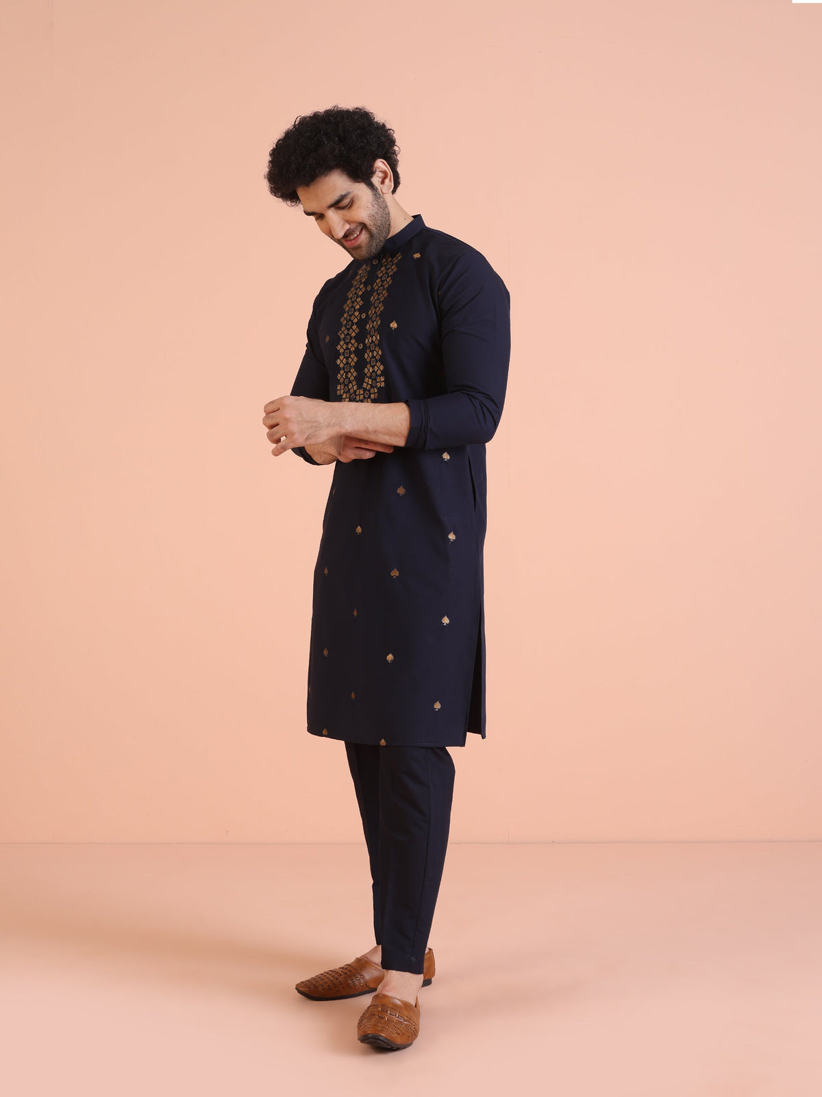 Navy Blue Cotton Silk Embroidered Long Kurta