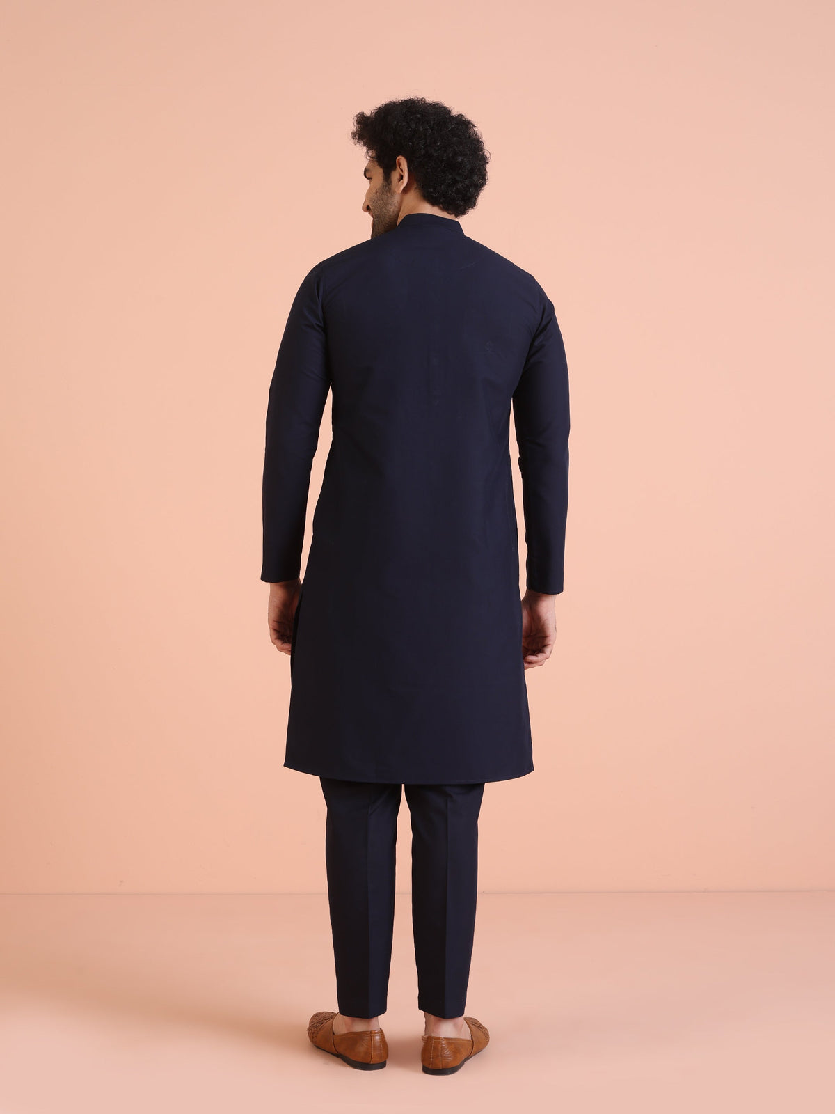 Navy Blue Cotton Silk Embroidered Long Kurta