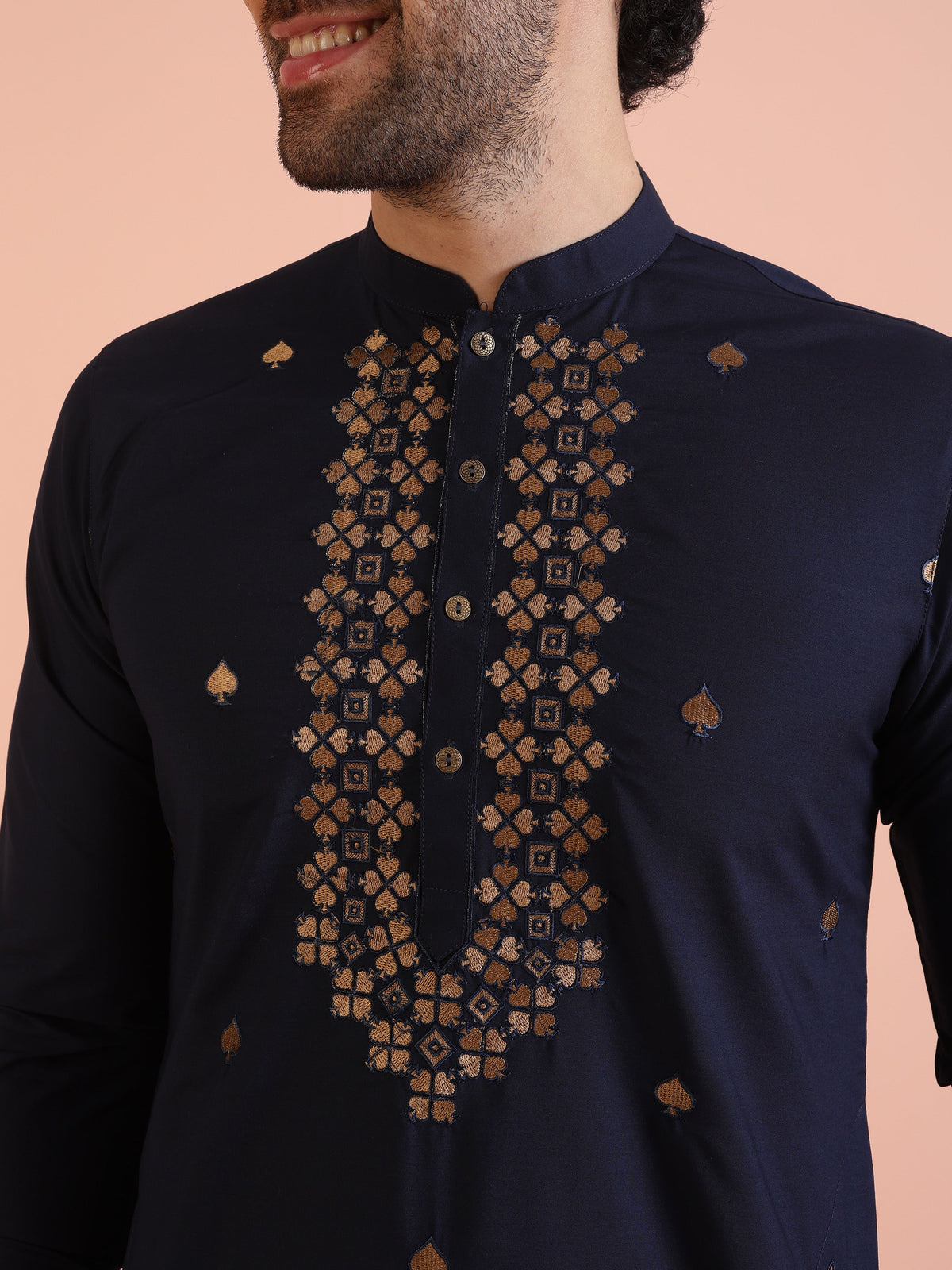 Navy Blue Cotton Silk Embroidered Long Kurta