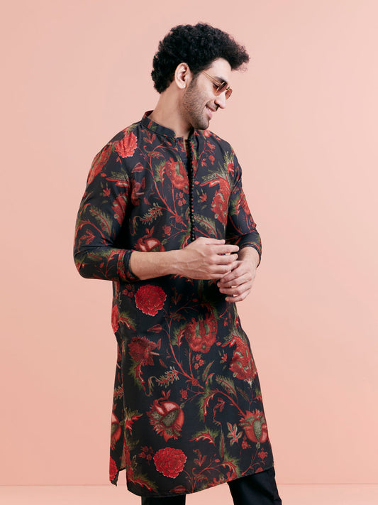 Black Silk Blend Kurta with Red and Green Floral Prints