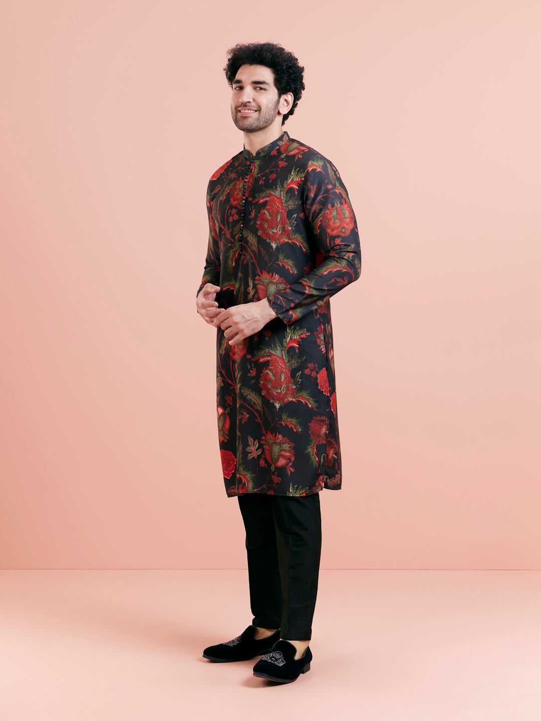 Black Silk Blend Kurta with Red and Green Floral Prints