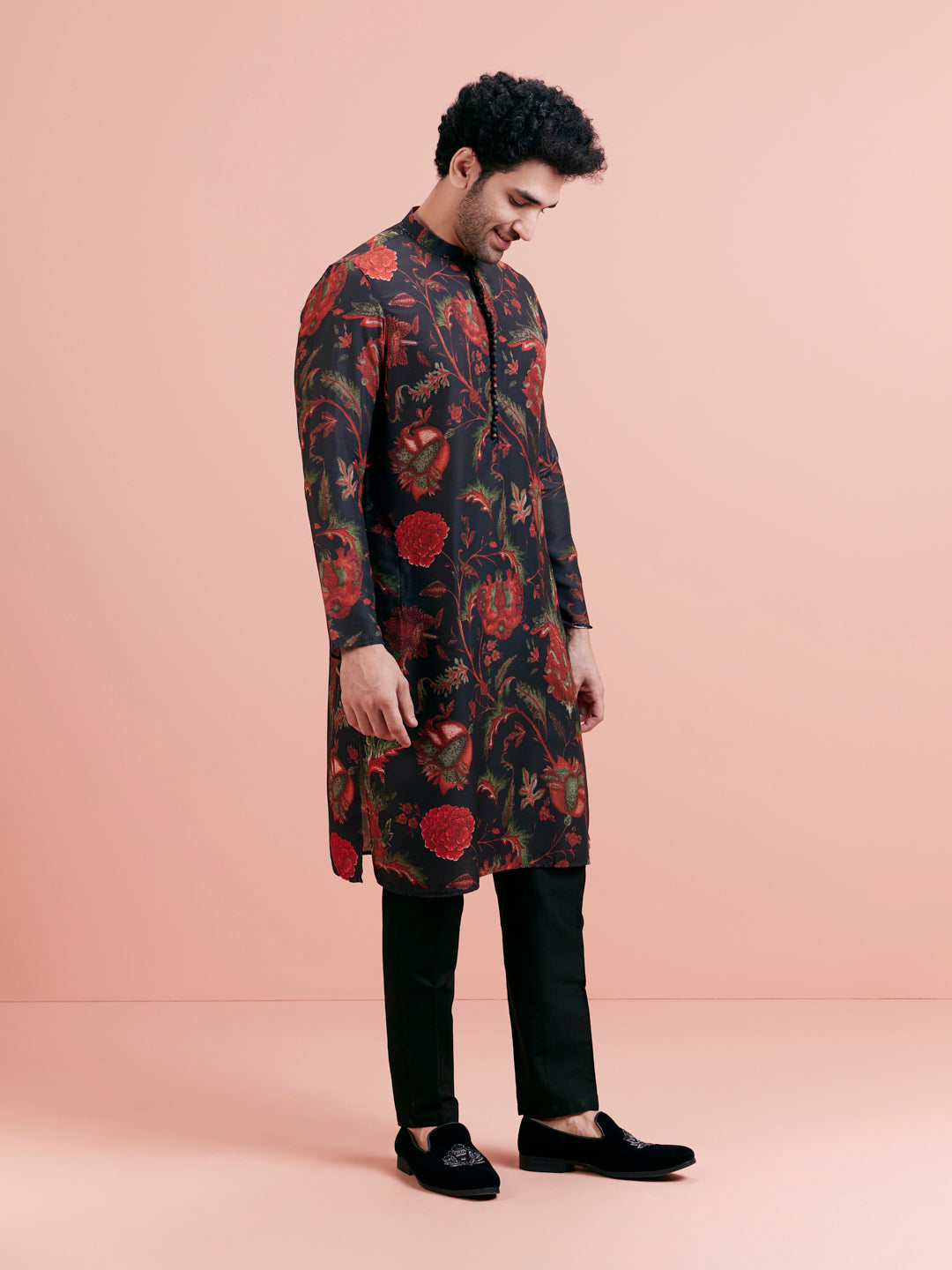 Black Silk Blend Kurta with Red and Green Floral Prints