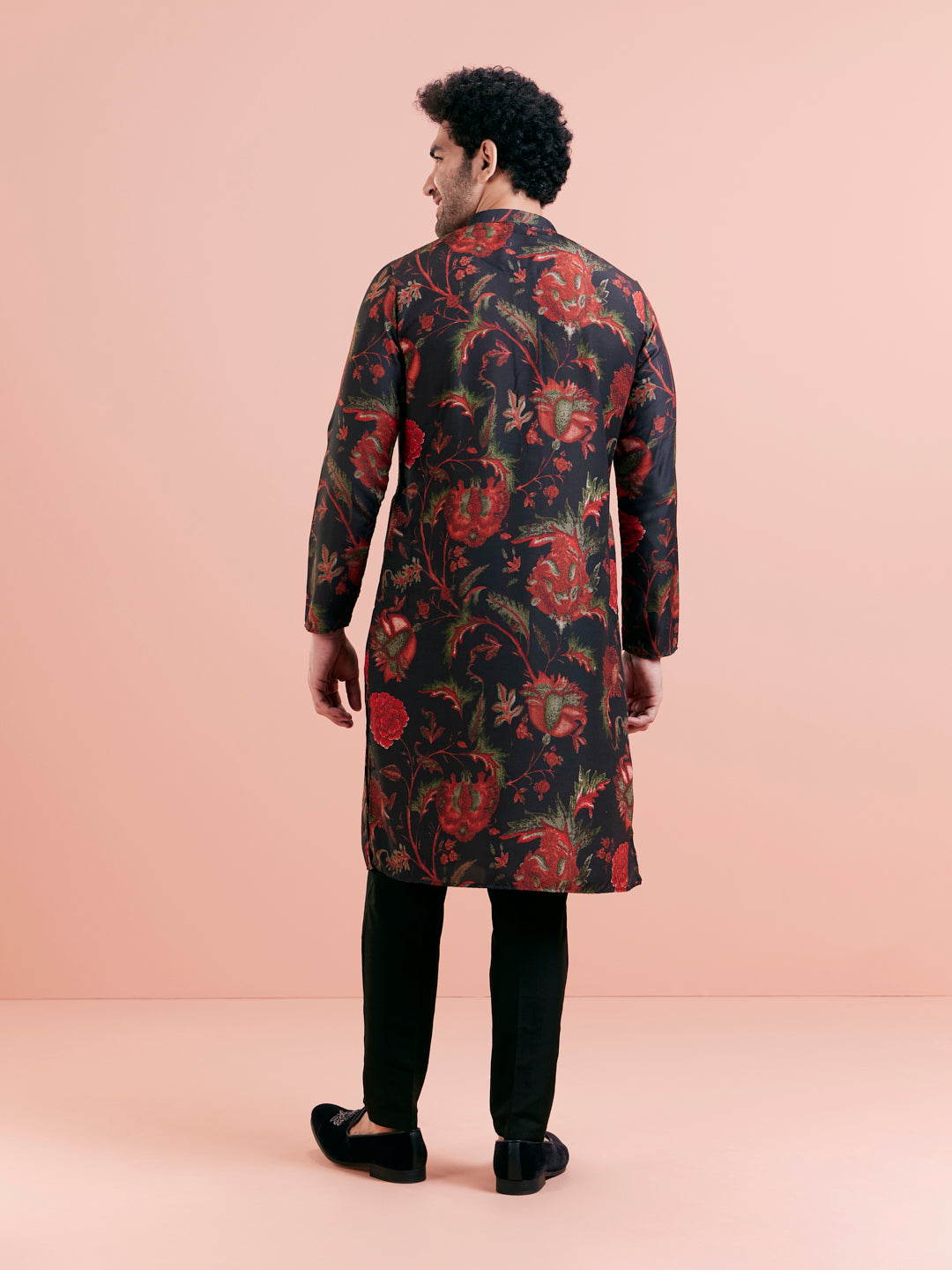 Black Silk Blend Kurta with Red and Green Floral Prints