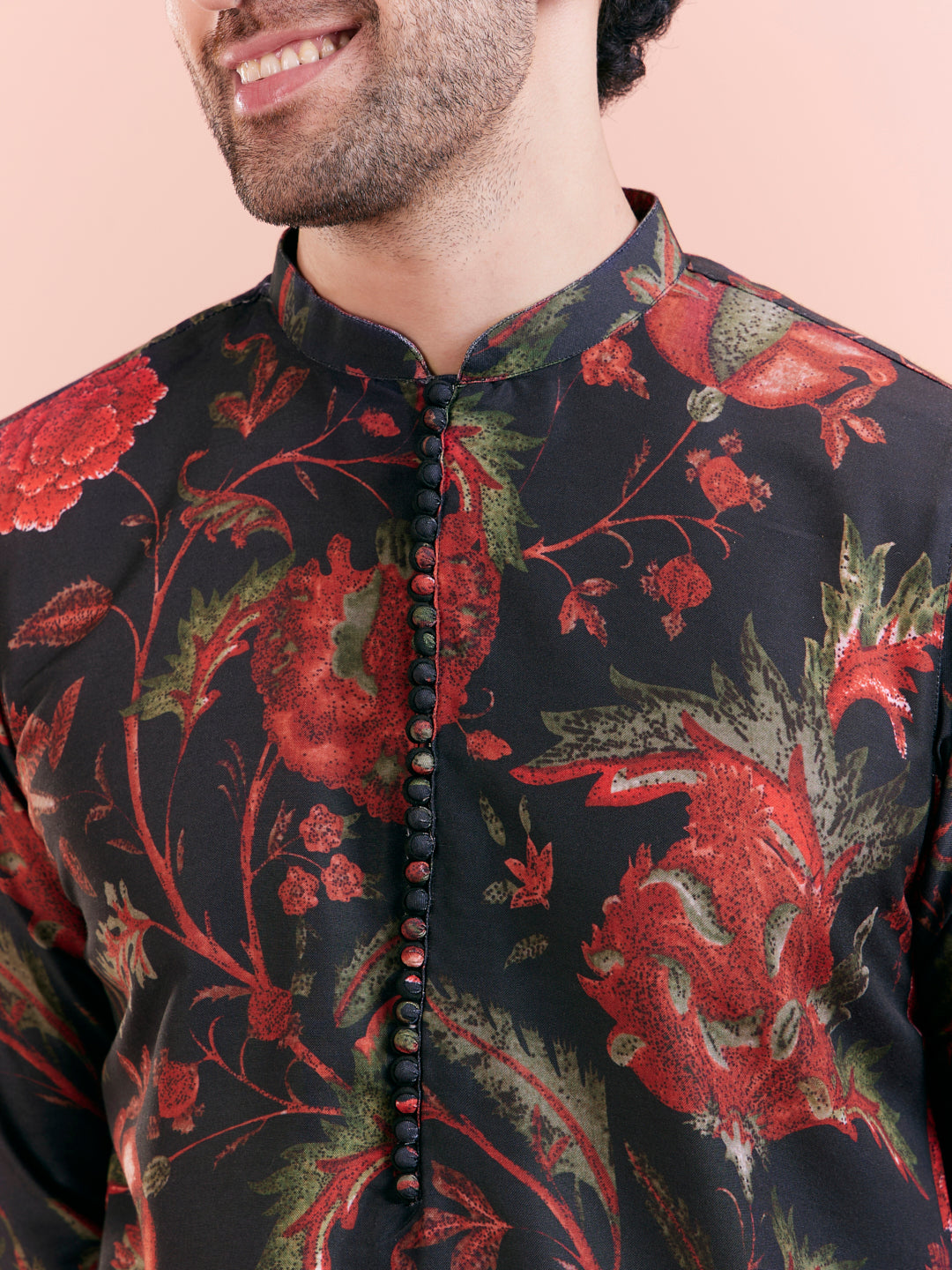 Black Silk Blend Kurta with Red and Green Floral Prints