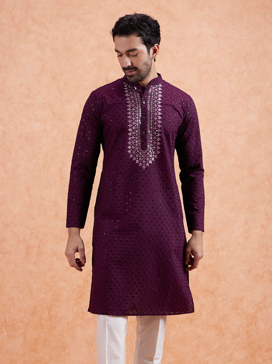 Wine Embroidered Silk Blend Kurta