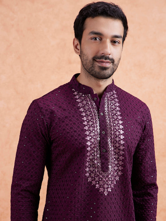 Wine Embroidered Silk Blend Kurta