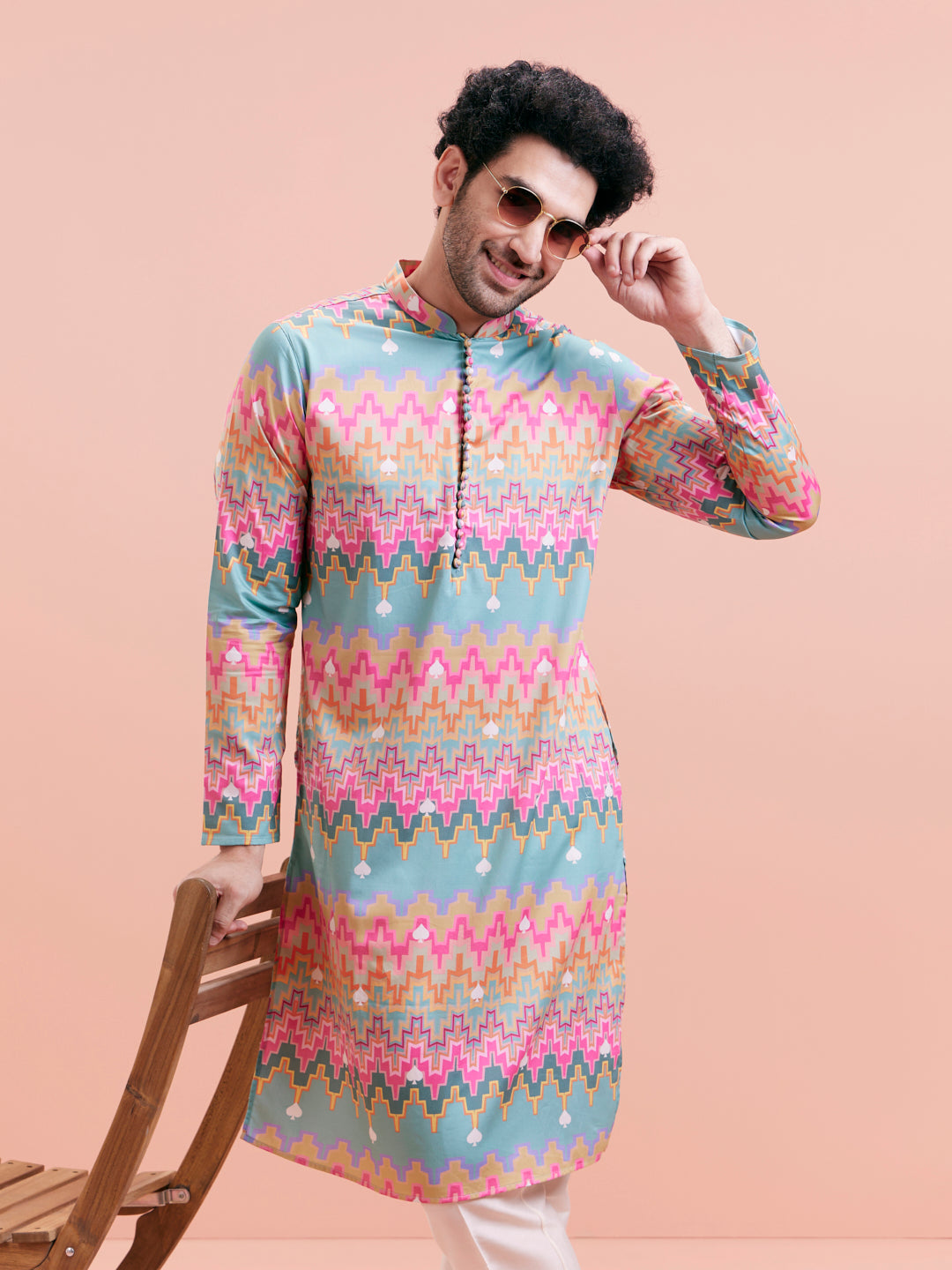 Aqua Blue Multicolor Printed Silk Kurta