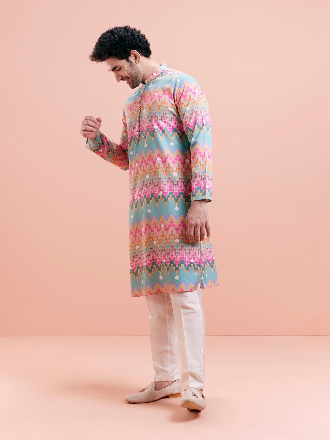 Aqua Blue Multicolor Printed Silk Kurta