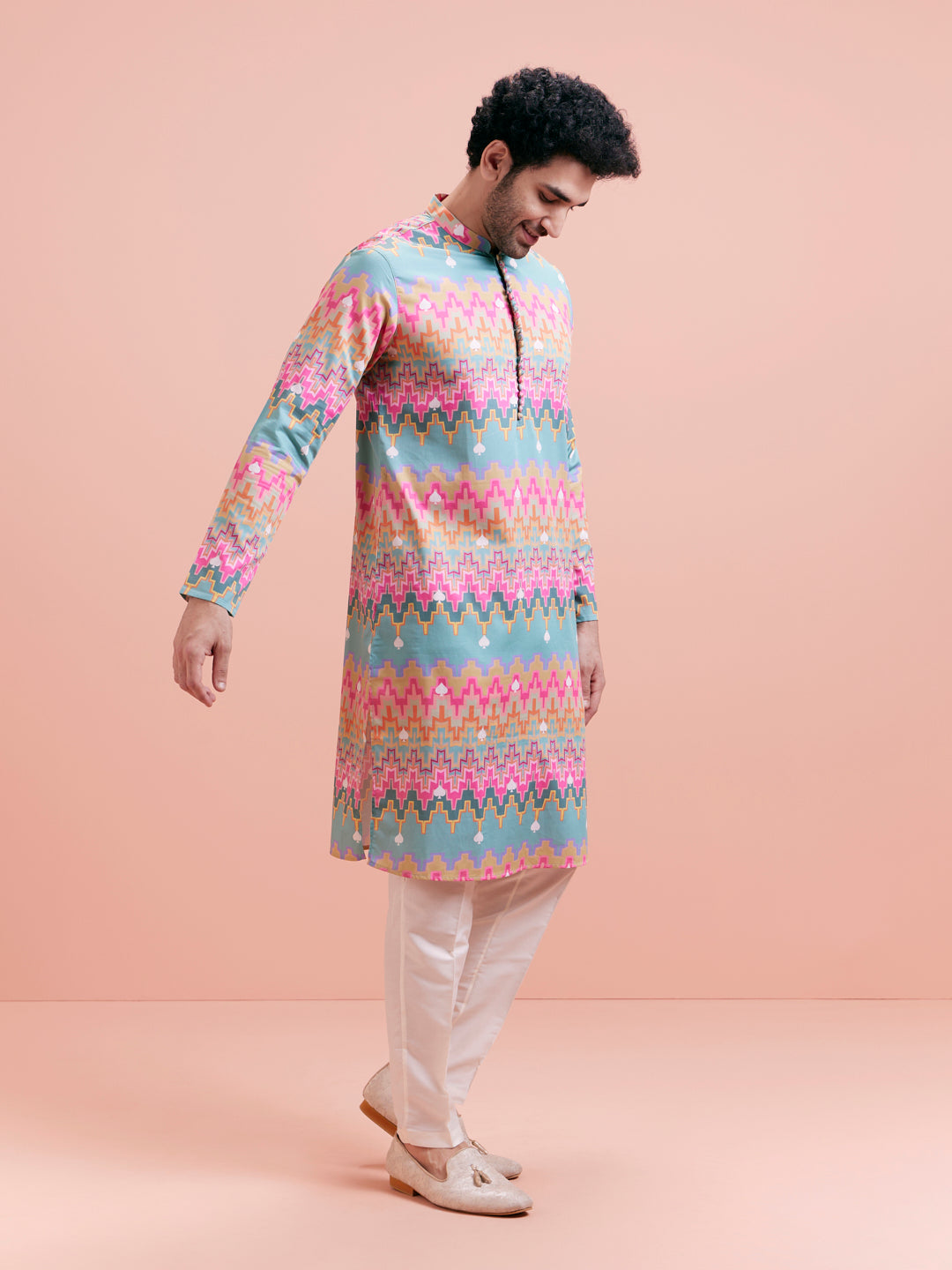 Aqua Blue Multicolor Printed Silk Kurta