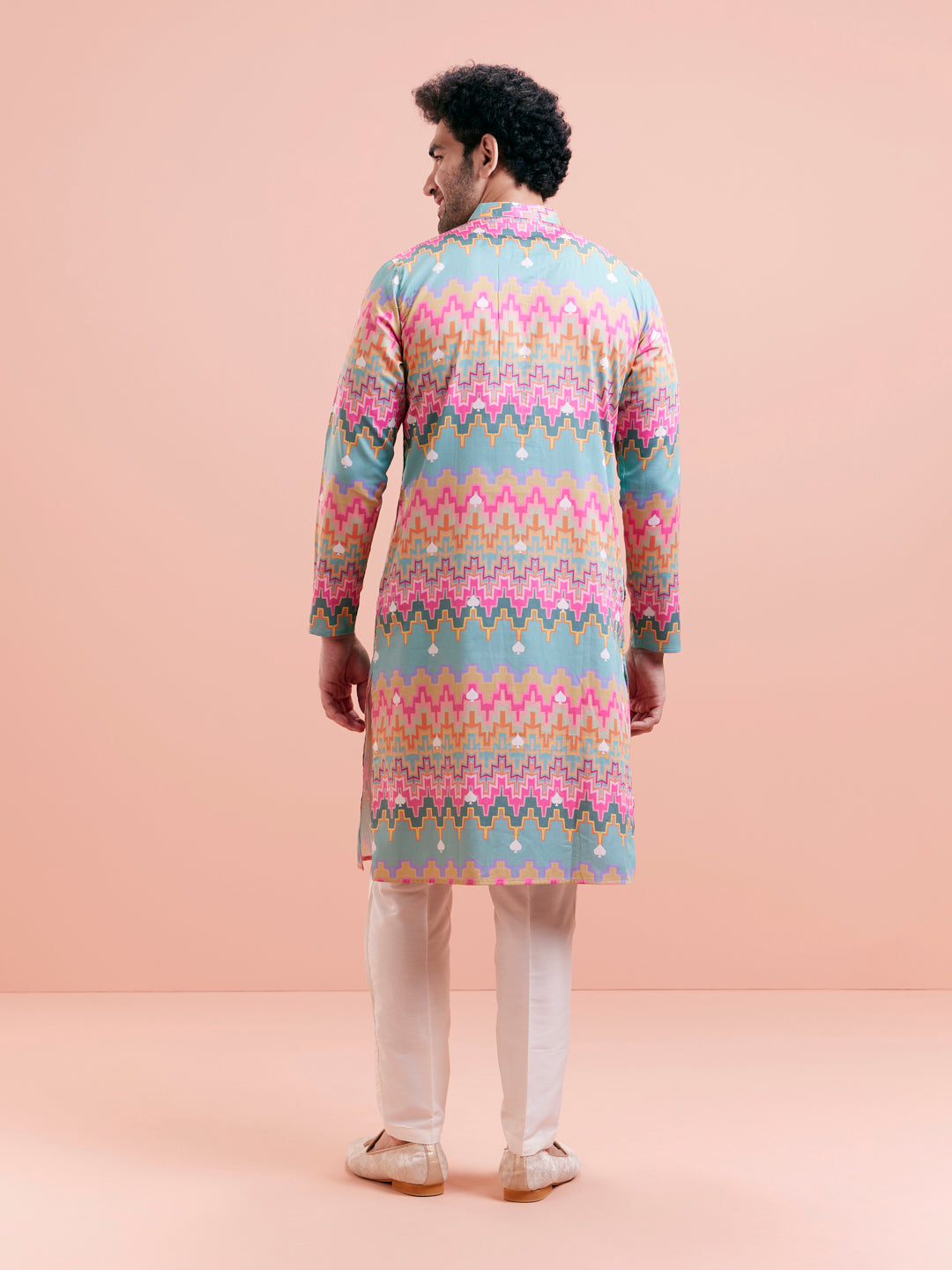 Aqua Blue Multicolor Printed Silk Kurta