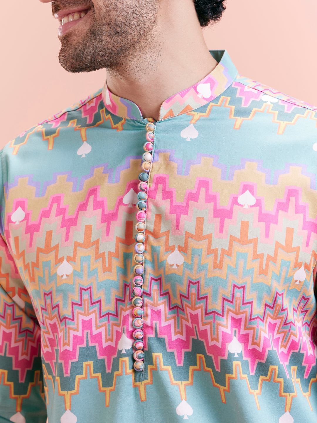 Aqua Blue Multicolor Printed Silk Kurta