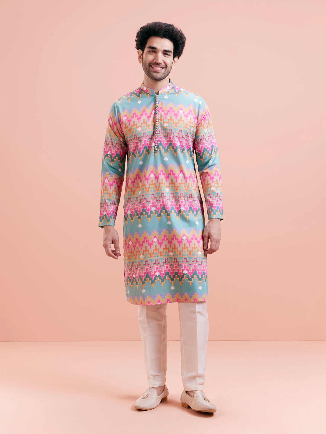 Aqua Blue Multicolor Printed Silk Kurta