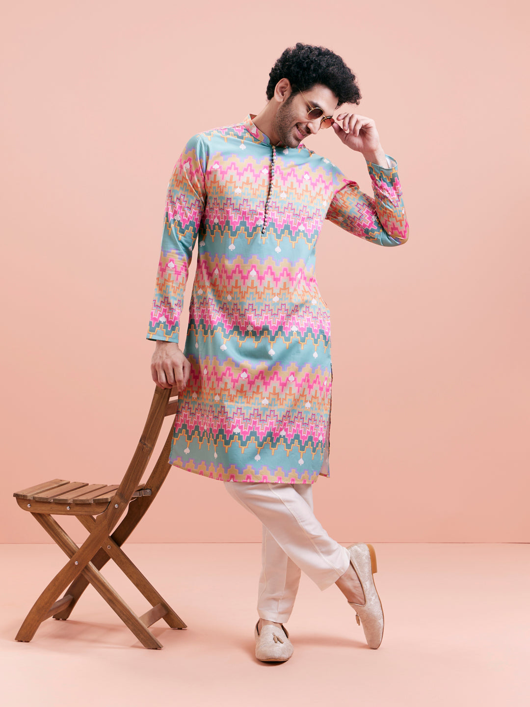 Aqua Blue Multicolor Printed Silk Kurta