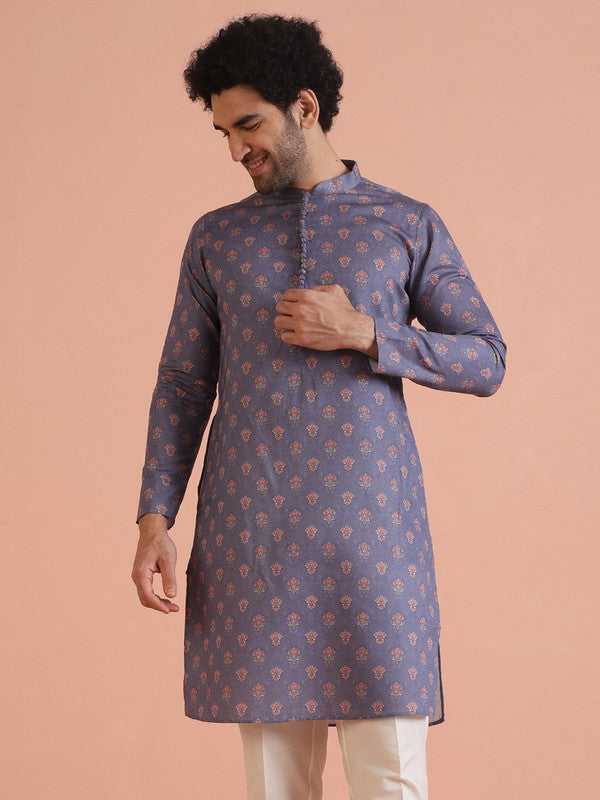 Grey Floral Printed Silk Blend Kurta