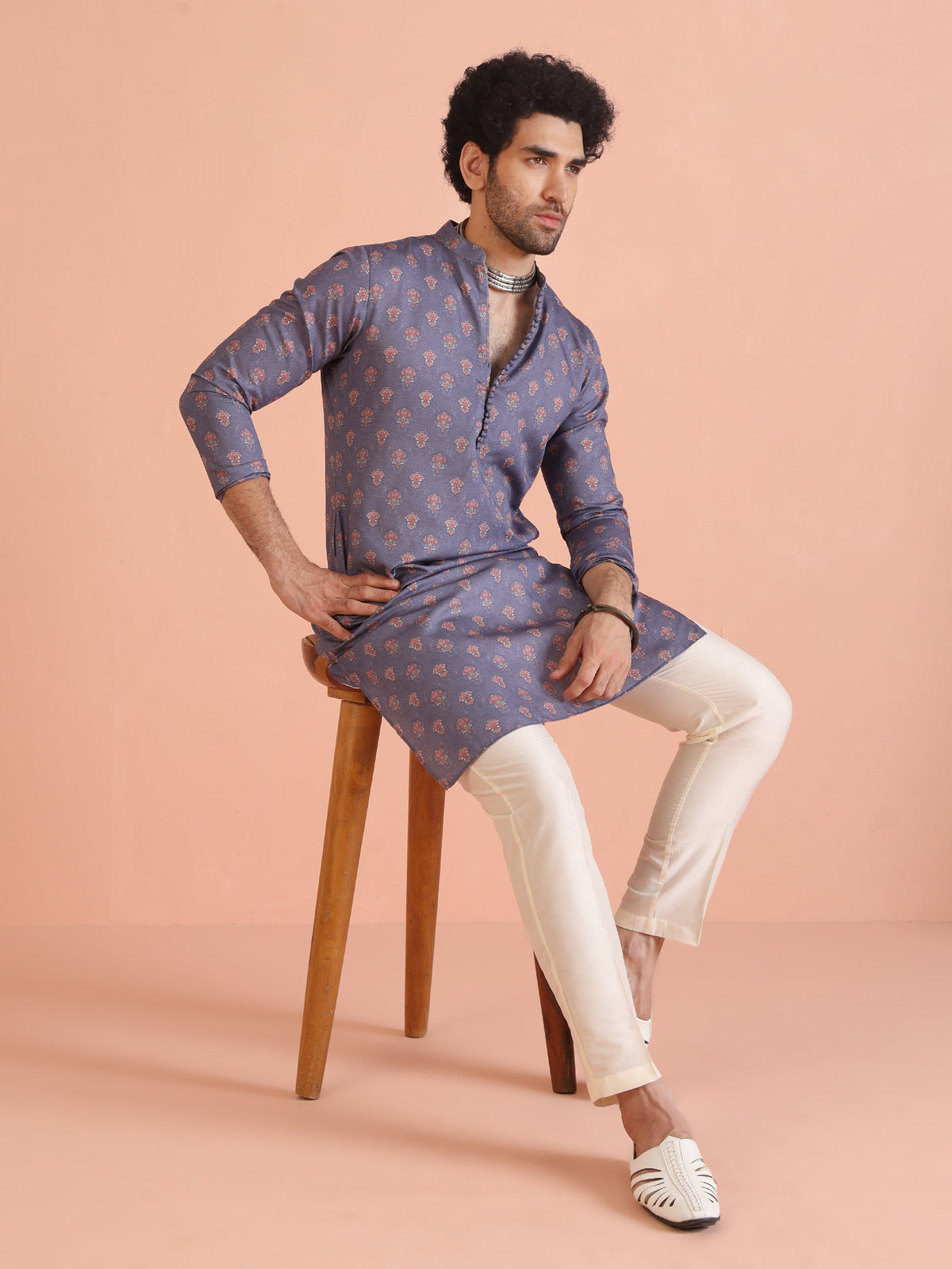 Grey Floral Printed Silk Blend Kurta