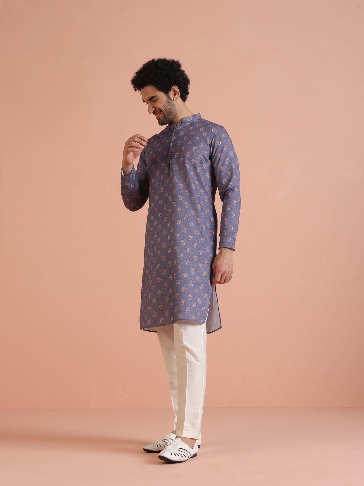 Grey Floral Printed Silk Blend Kurta