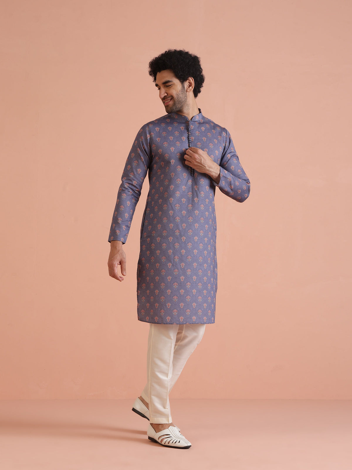 Grey Floral Printed Silk Blend Kurta