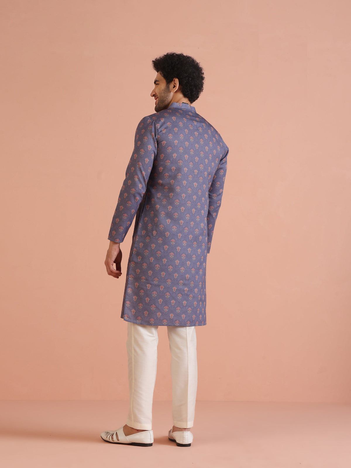 Grey Floral Printed Silk Blend Kurta