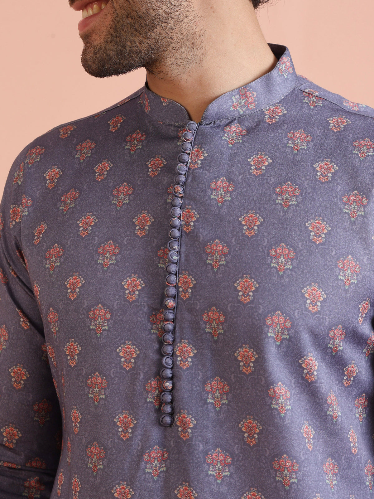 Grey Floral Printed Silk Blend Kurta