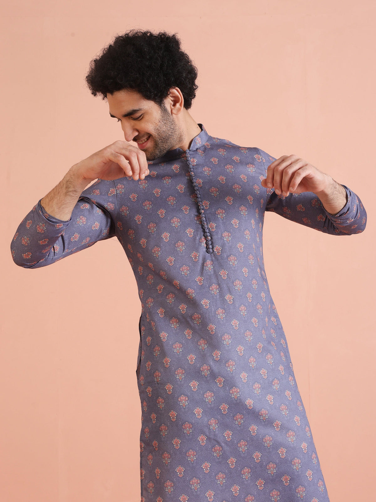 Grey Floral Printed Silk Blend Kurta