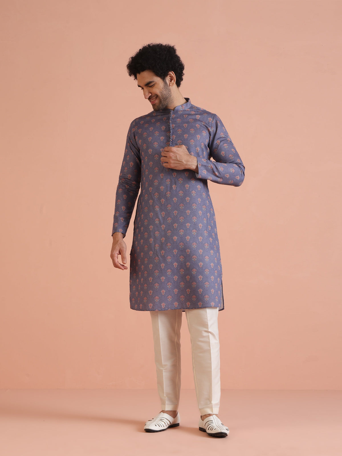 Grey Floral Printed Silk Blend Kurta