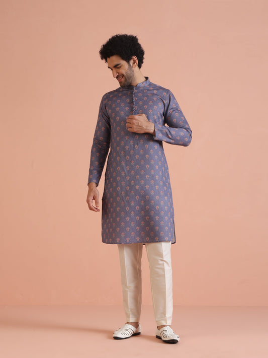 Grey Floral Printed Silk Blend Kurta