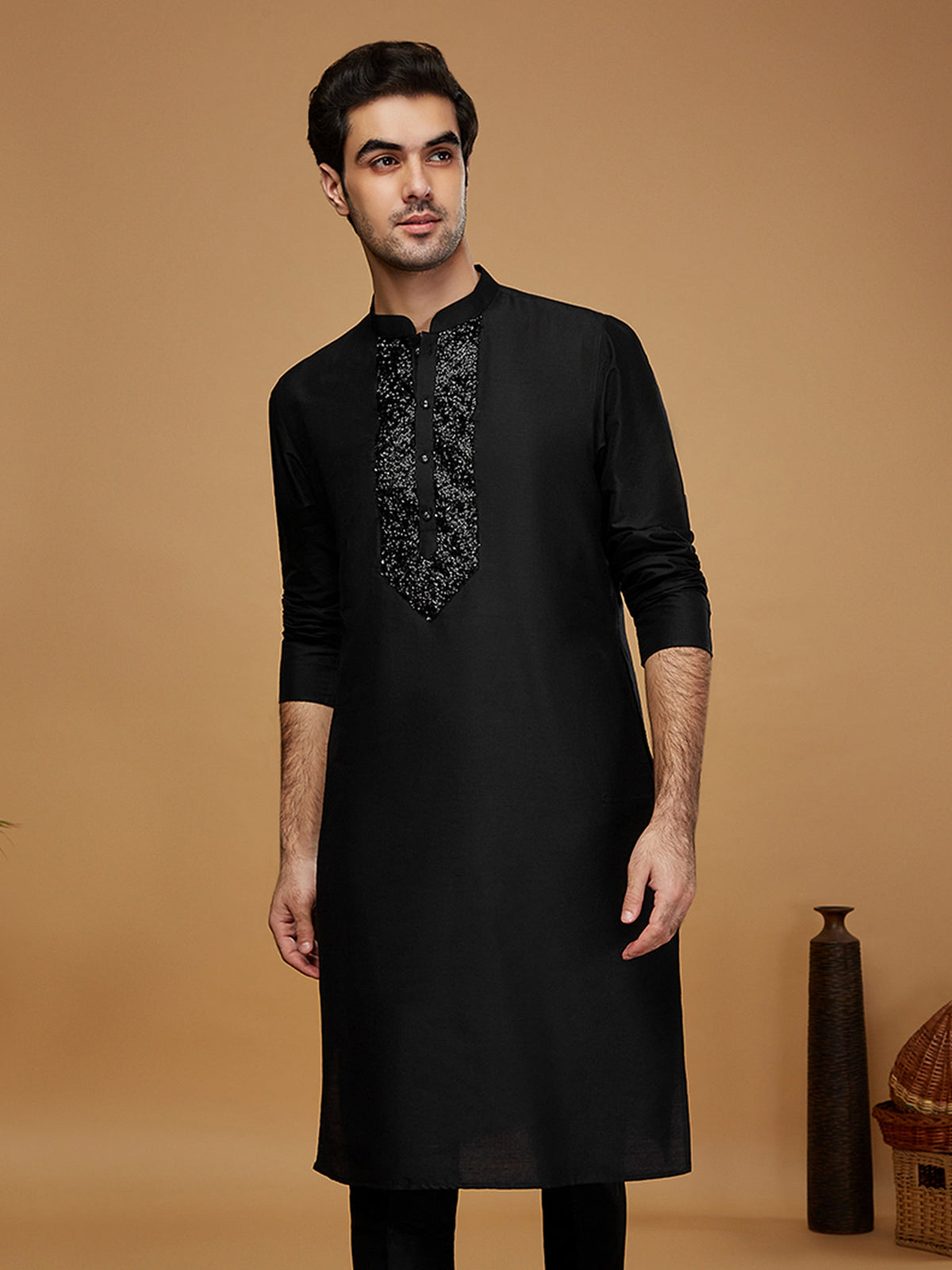 Black Embroidered Silk Blend Kurta