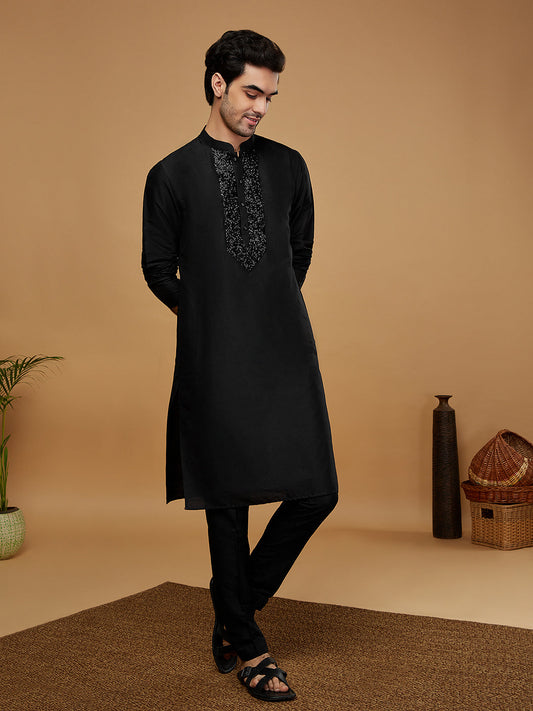 Black Embroidered Silk Blend Kurta