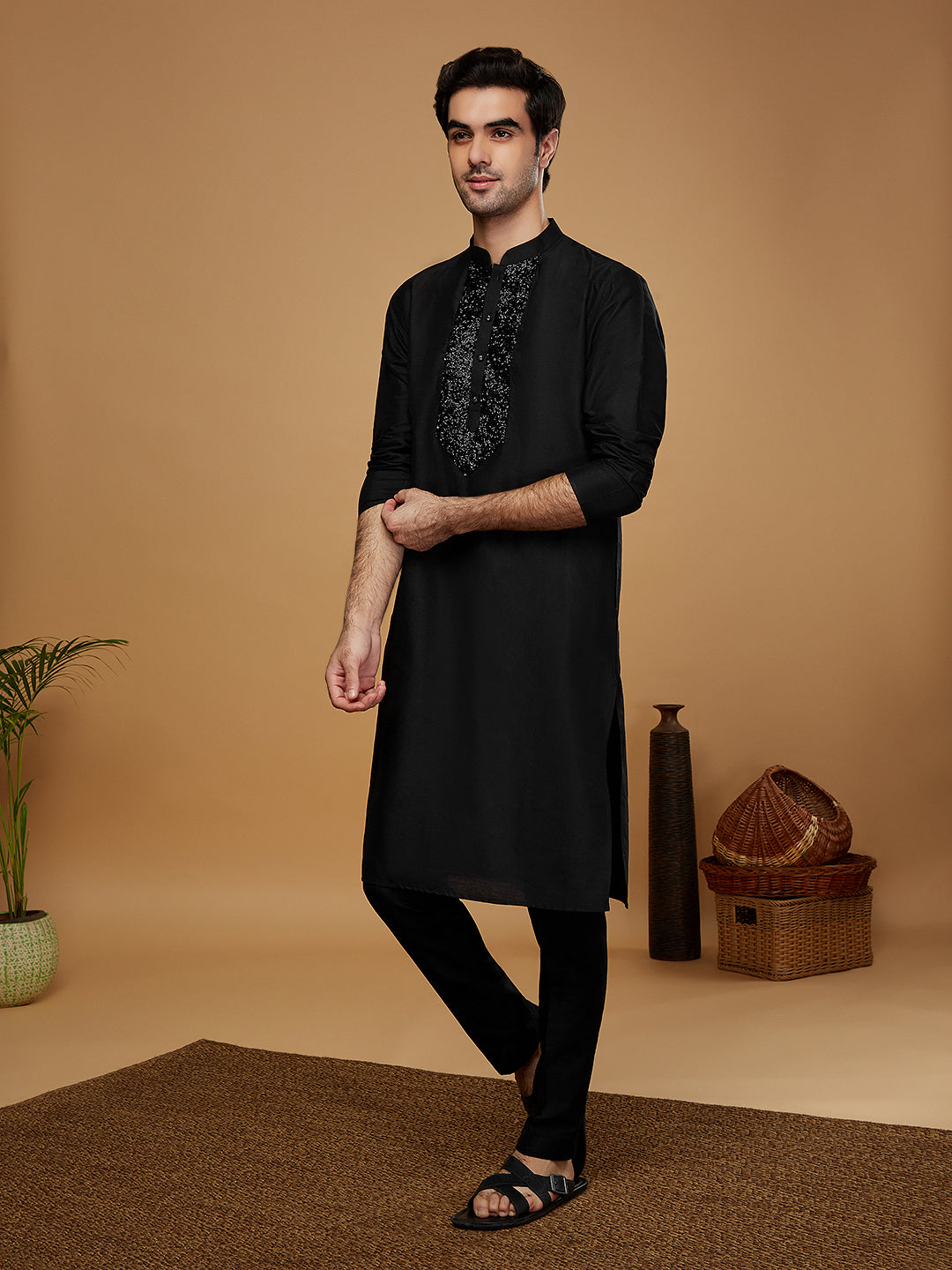 Black Embroidered Silk Blend Kurta