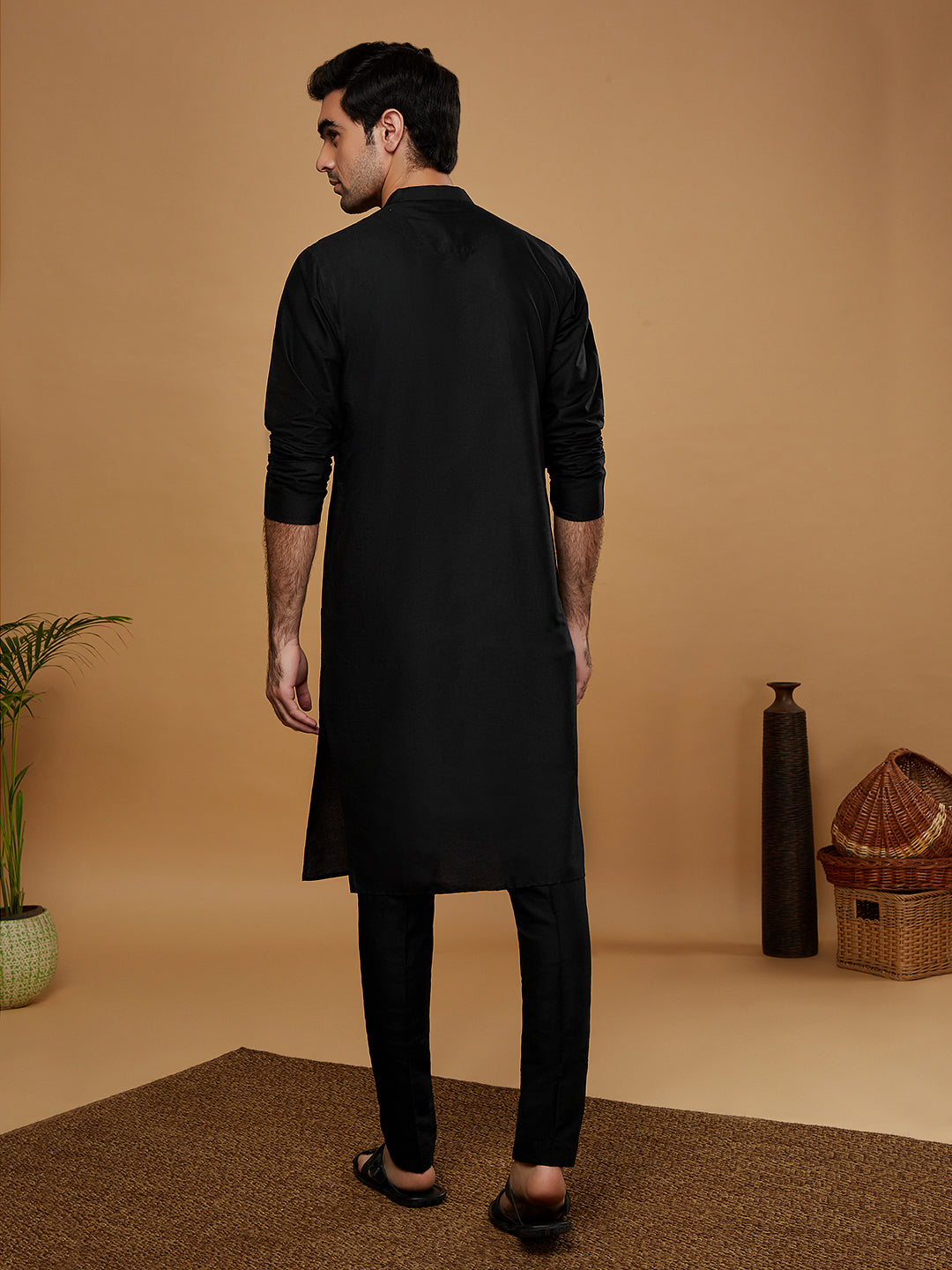 Black Embroidered Silk Blend Kurta