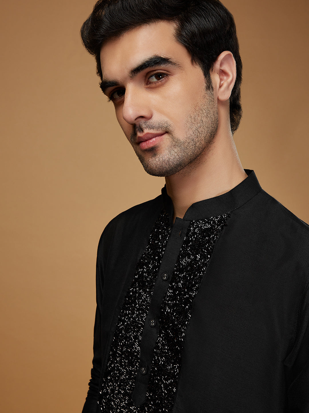 Black Embroidered Silk Blend Kurta