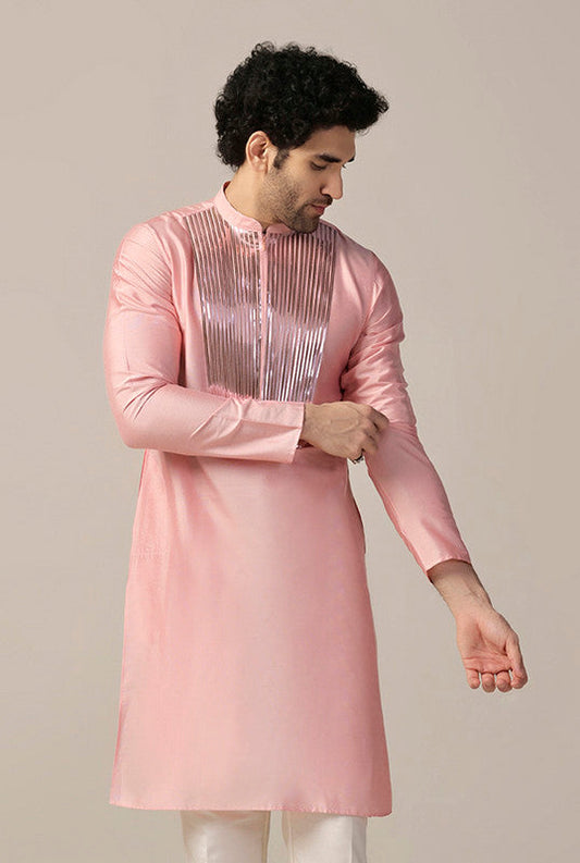 Baby Pink Satin Metallic Panel Kurta