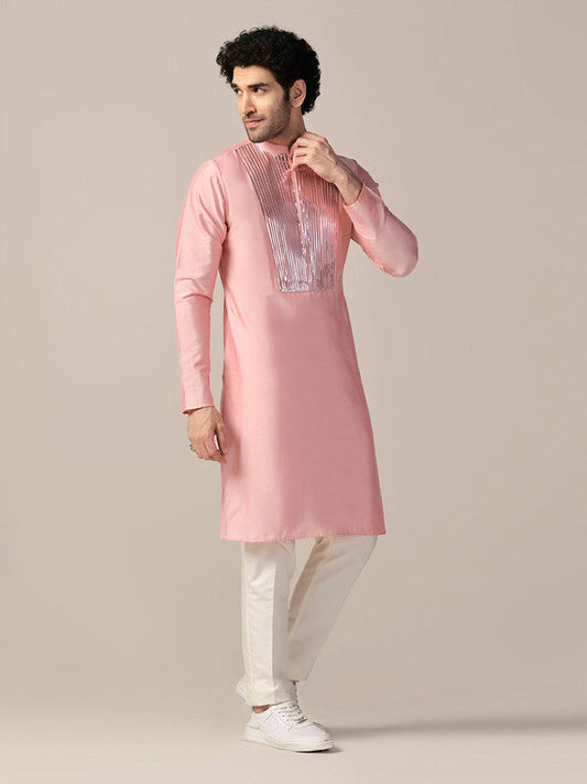 Baby Pink Satin Metallic Panel Kurta