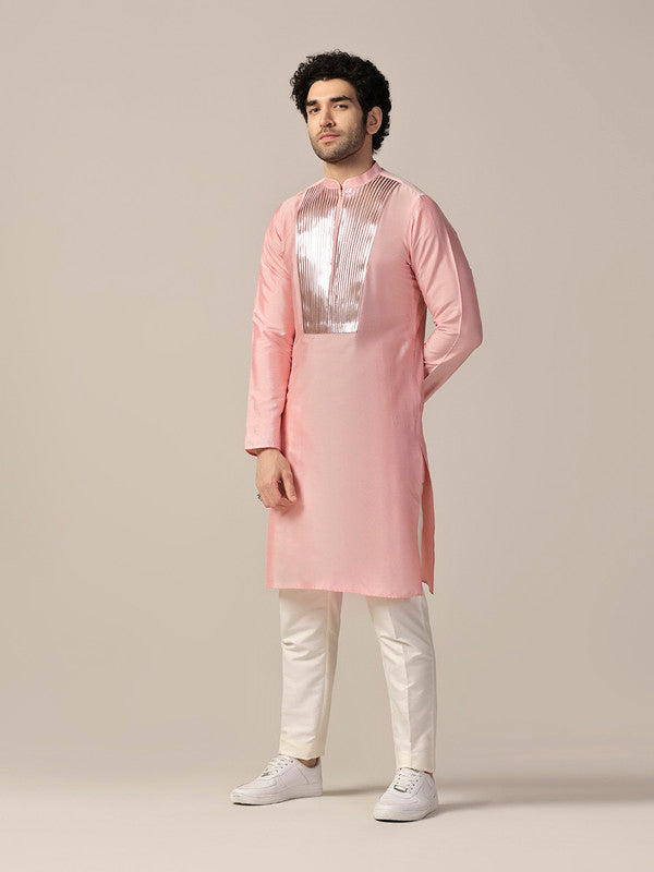 Baby Pink Satin Metallic Panel Kurta